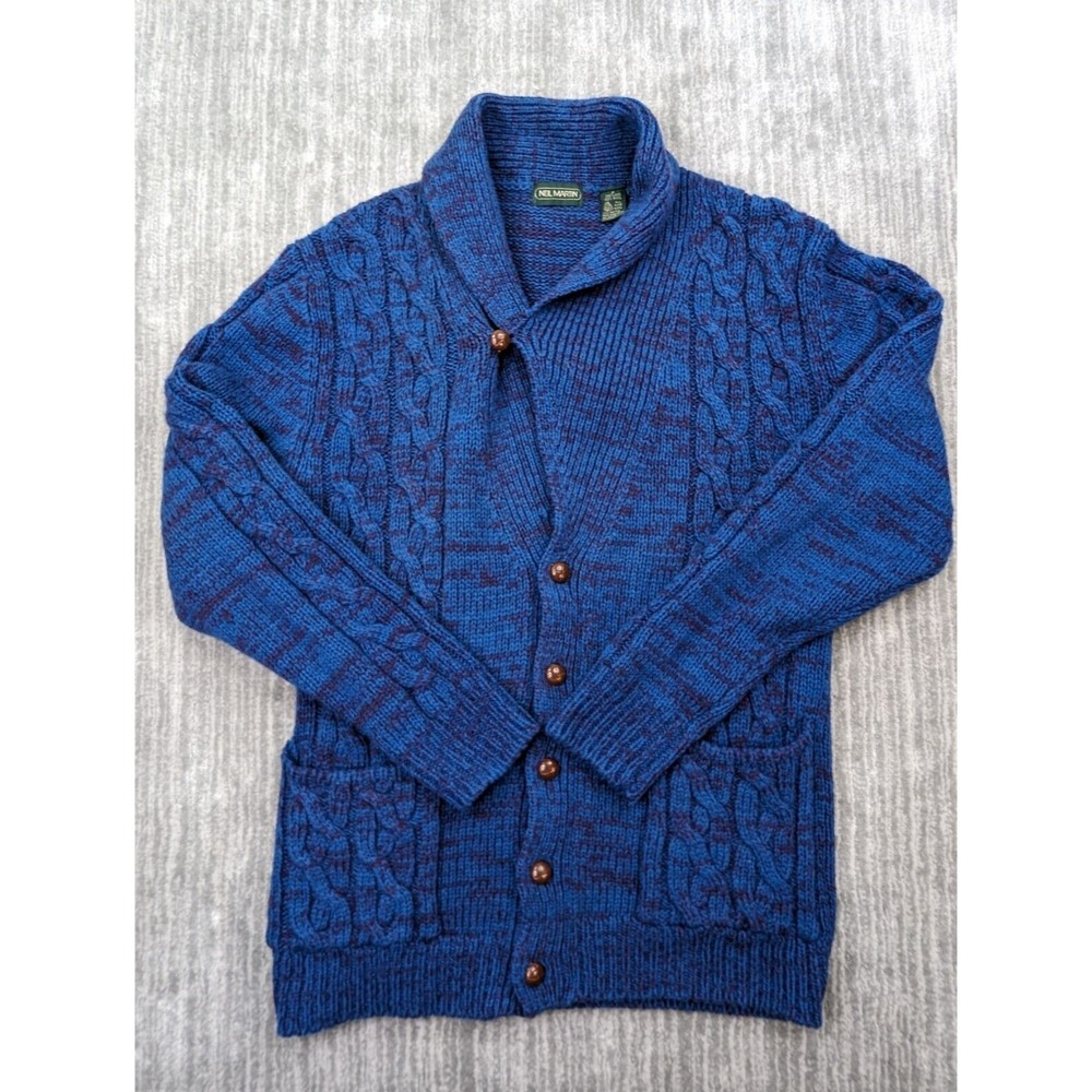 Neil Martin Womens Small 100% Shetland Wool Cardigan Sweater Blue Cable Knit